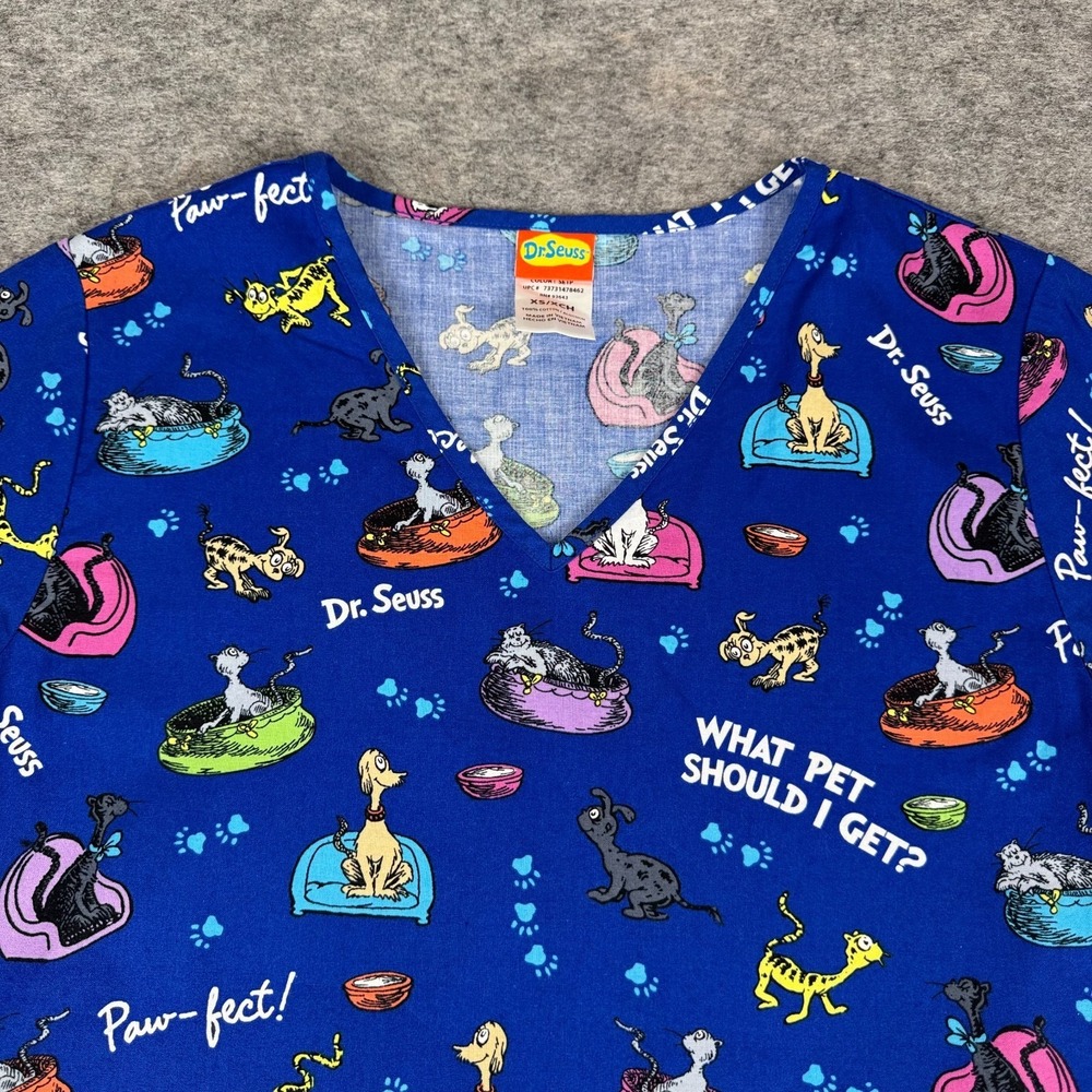 Dr. Seuss Scrub Top What Pet Should I Get? Cotton Blue Womens XS - Picture 3 of 9